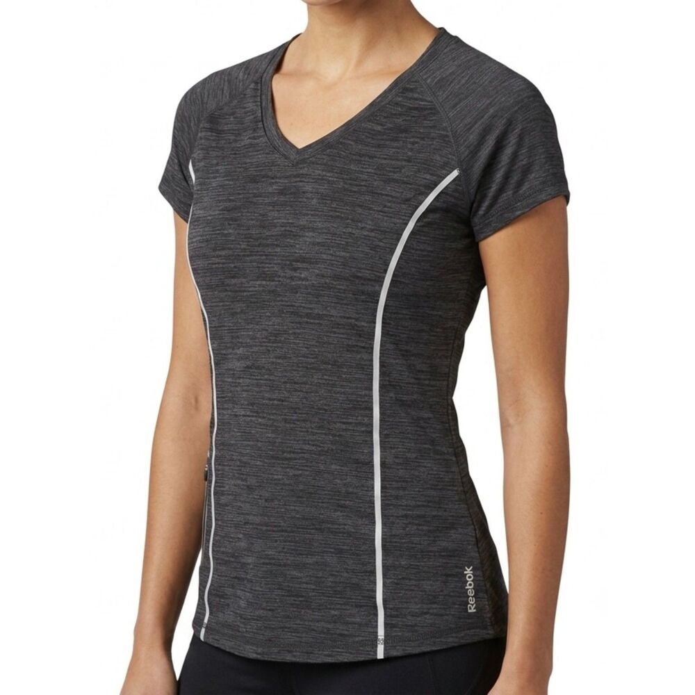 Reebok Heather Grey Polyester V-Neck Running Tee‎ Side Zip Pocket Size M Medium